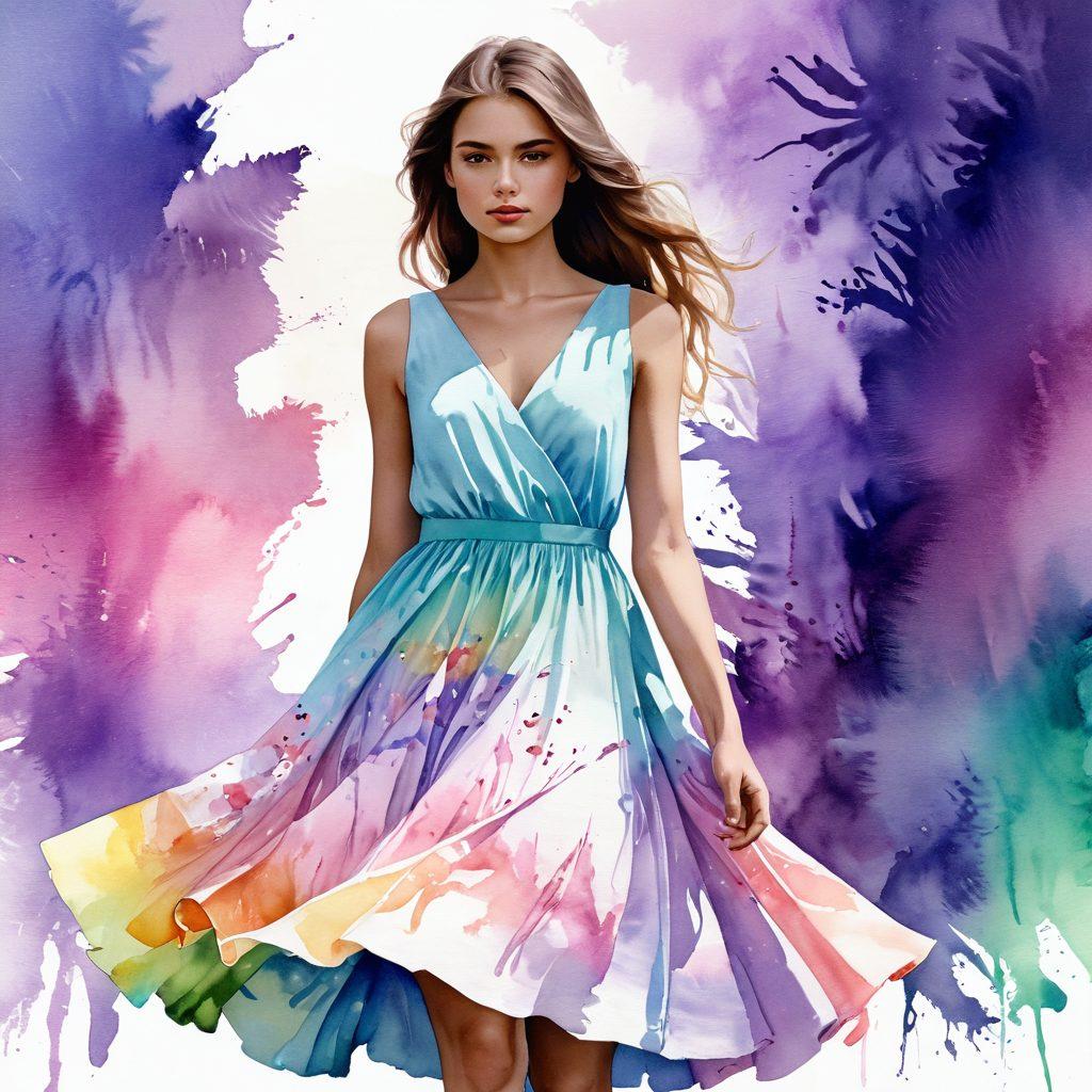 A captivating illustration of a teenage girl evolving from innocence to sophistication, dressed in a flowing pastel dress transitioning into a glamorous, bold outfit. The background shows a delicate blend of soft colors that morph into vibrant, striking hues symbolizing growth and allure. Include subtle elements of nature and urban life to represent the journey of femininity. Artistic touches of watercolor and ink blending style enhance the visual narrative. watercolor, vibrant colors, soft transitions.