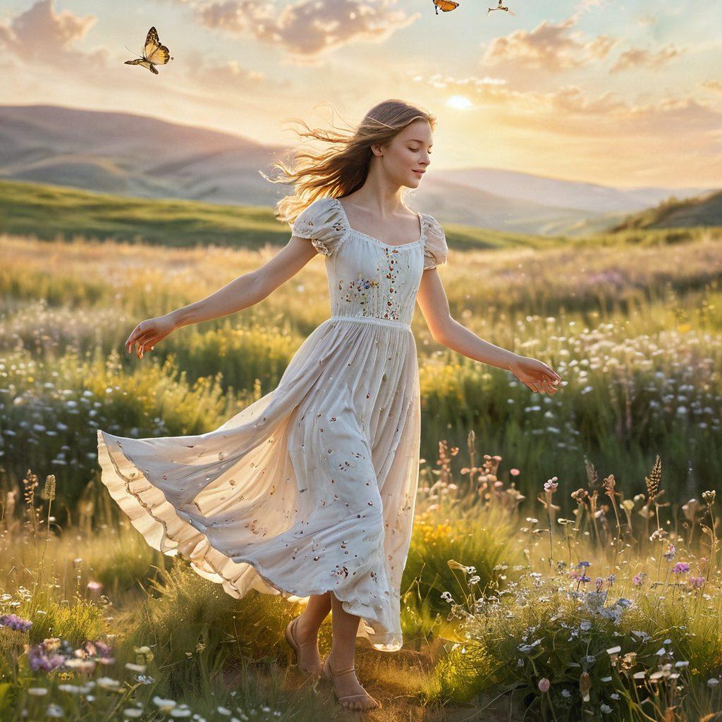 A whimsical, ethereal scene depicting a young, carefree figure dancing amidst a field of wildflowers, bathed in soft golden sunlight. Their expression reflects joy and curiosity, with playful elements like butterflies and sparkling dust swirling around. In the background, gentle rolling hills create a serene atmosphere, symbolizing the journey of youth. soft focus, pastel colors, dreamy landscape.